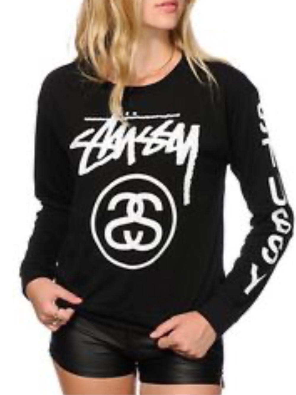 Stussy Big Logo Spellout Graphic Ling Sleeve Tee Black Scoop Neck-Medium
